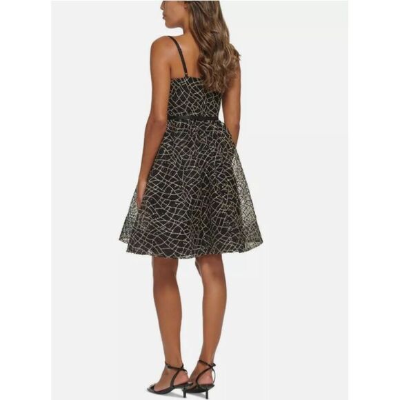 CALVIN KLEIN Sequin Mesh A-Line Party Dress Size‎ 2 Black Sleeveless V-Neck NWT - Picture 2 of 11